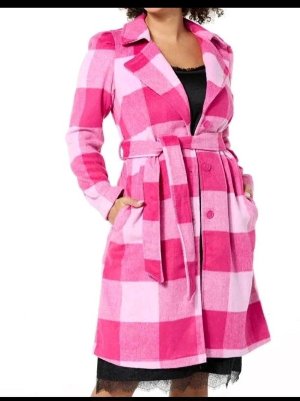 G by Giuliana Women's Black Label Plaid Trench Coat Pink Size LARGE